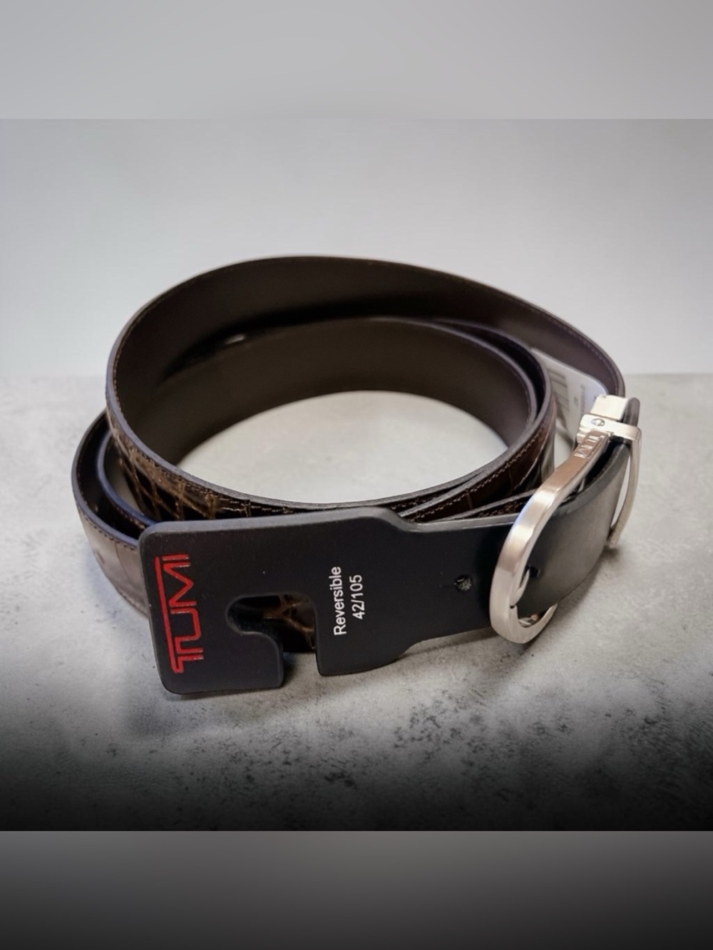 TUMI Brown Croco / Black Calfskin Leather Reversible Belt